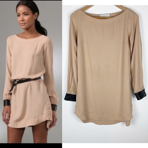 A.L.C. Dresses & Skirts - A.L.C. Blush Hardy Lamb Leather Trim Shift Dress Size 2 Nude Boat Neck